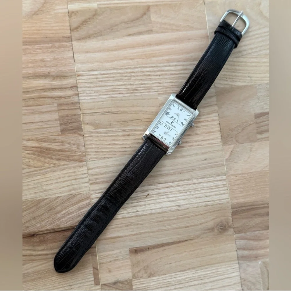 Pierre Cardin Rare Dual Dial Watch Curvex Crystal White Dial Black Leather Strap